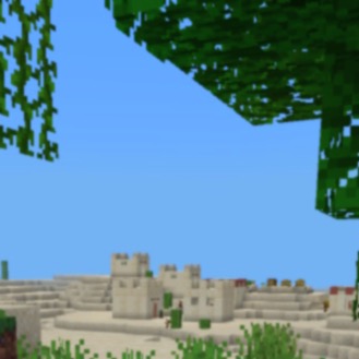 a screenshot of Minecraft, a desert village is spotted in the distance!