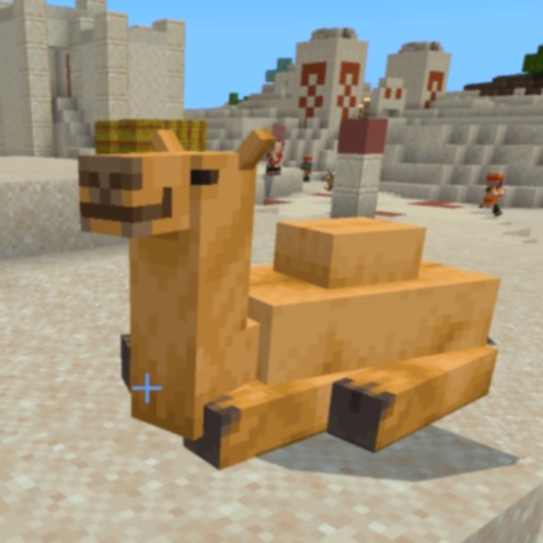 a screenshot of Minecraft, a camel is resting in the desert village.