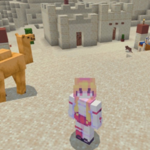 a screenshot of Minecraft, the player is standing in the desert village. You can see some buildings, a camel, a cat and some llamas nearby.