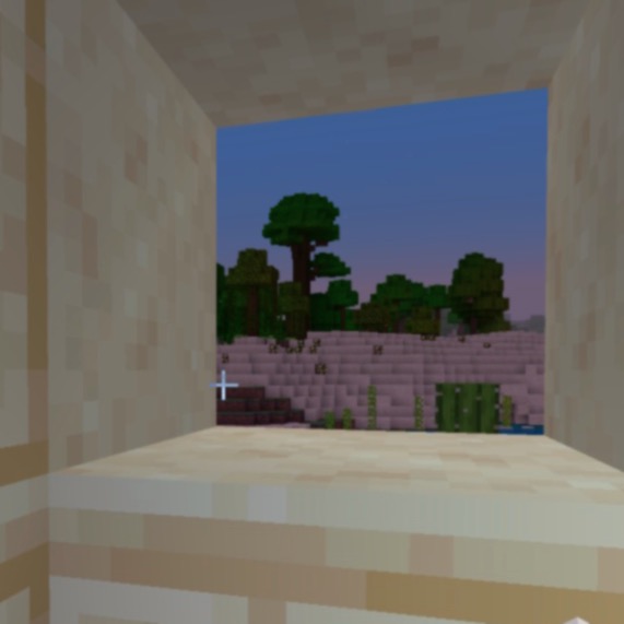a screenshot of Minecraft, the sun is setting in the Desert Village. From a window, you can see the Jungle outside.