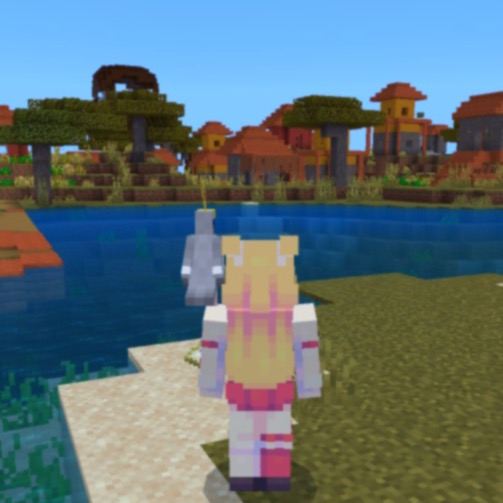 a screenshot of Minecraft, the player and her parrot are looking at a Savannah village across the river. Barely peaking over the trees is a Pillager Outpost.
