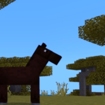 a screenshot of Minecraft, a dark brown horse in the Savannah. There are Acacia trees everywhere.