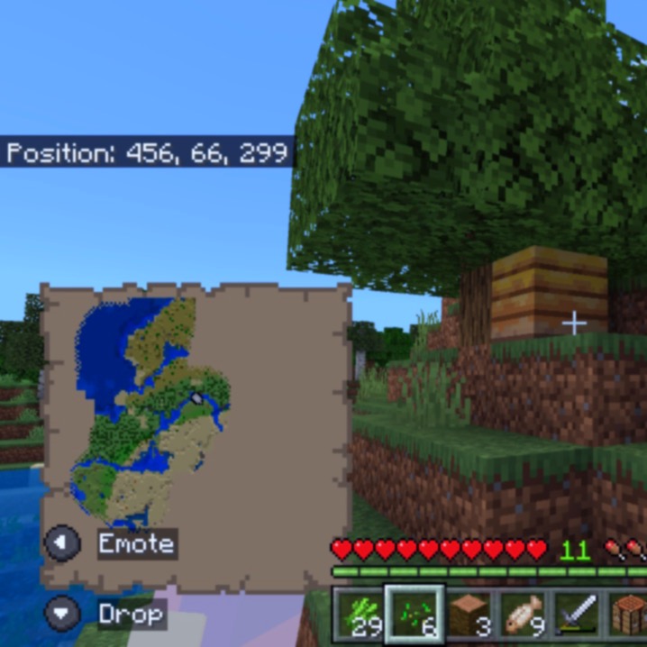 a screenshot of Minecraft, the player is holding a map and taking note of the location of a beehive.