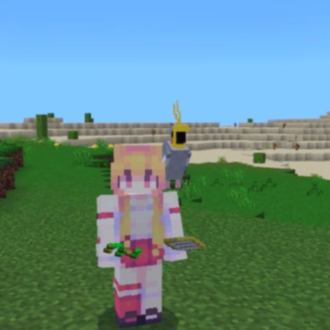 a screenshot of Minecraft, the parrot is now sitting happily on the player's shoulder.