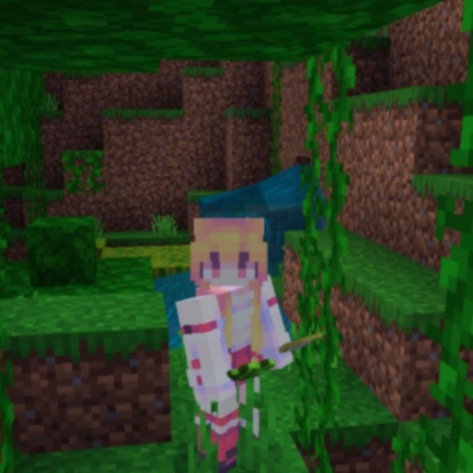 a screenshot of Minecraft, the player is standing under some jungle vines, there is a small waterfall with some almost hidden watermelons behind her.