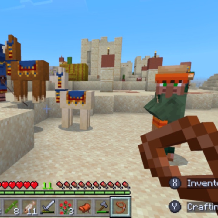 a screenshot of Minecraft, the player is holding a leash that a nearby Wandering Trader Llama dropped. A villager is staring at the player.