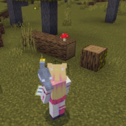 a screenshot of Minecraft, the player and her parrot are admiring a little red mushroom on a fallen oak tree log.
