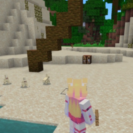a screenshot of Minecraft, the player is attempting to make a palm tree on the beach while 3 bunnies observe her.
