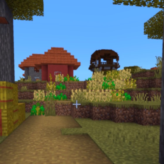 a screenshot of Minecraft, the player quietly moves through the Savannah Village with the Pillager Outpost looming overhead.