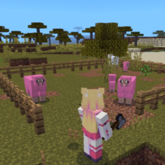 a screenshot of Minecraft, the player is breaking the fence to let the sheep roam free. Most of the sheep are pink!