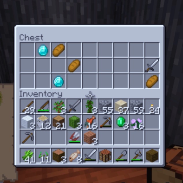 a screenshot of Minecraft, a chest containing two diamonds amongst other things is found.