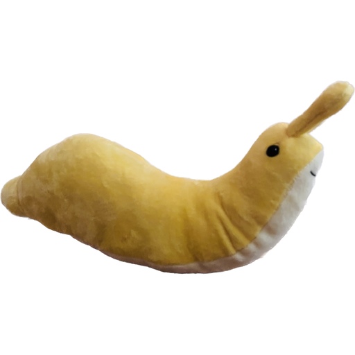 A plush toy of a yellow banana slug with a smiling face