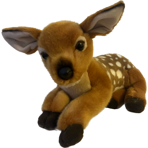 Darlene, a stuffed deer with spots and large expressive eyes.