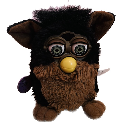 Espresso Bean, a black and brown Furby toy with large blinking eyes and a beak