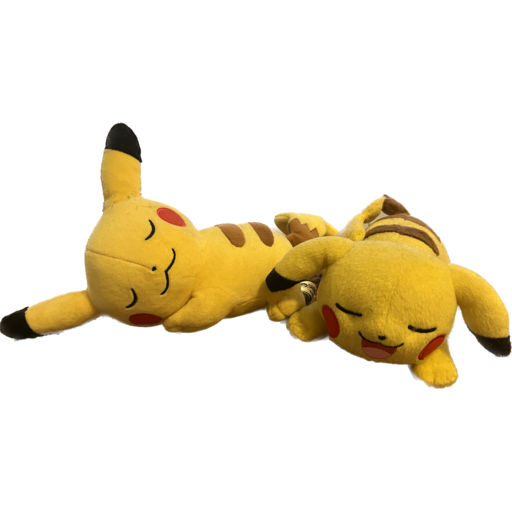 Sleeby Pikachu Twins, two plush toys of Pikachu, a yellow electric-type Pokémon, side by side in sleeping poses