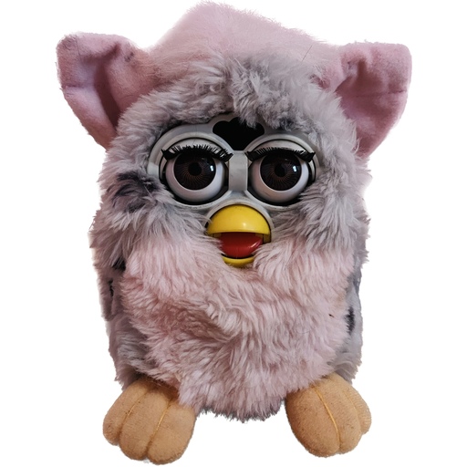 Strawberry, a gray and pink Furby Toy with spots